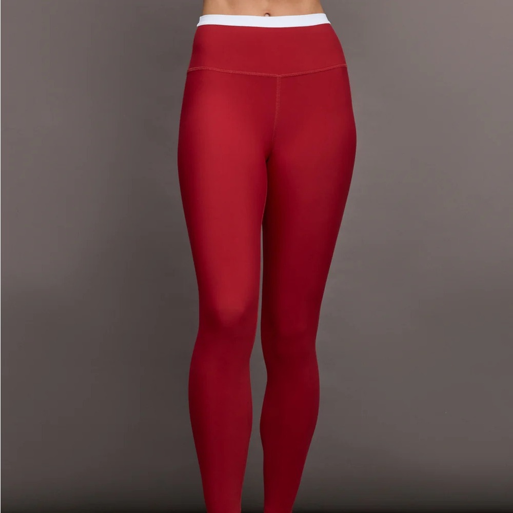 Carbon38 High Waisted Red Contrast Melt Leggings with White Waistband